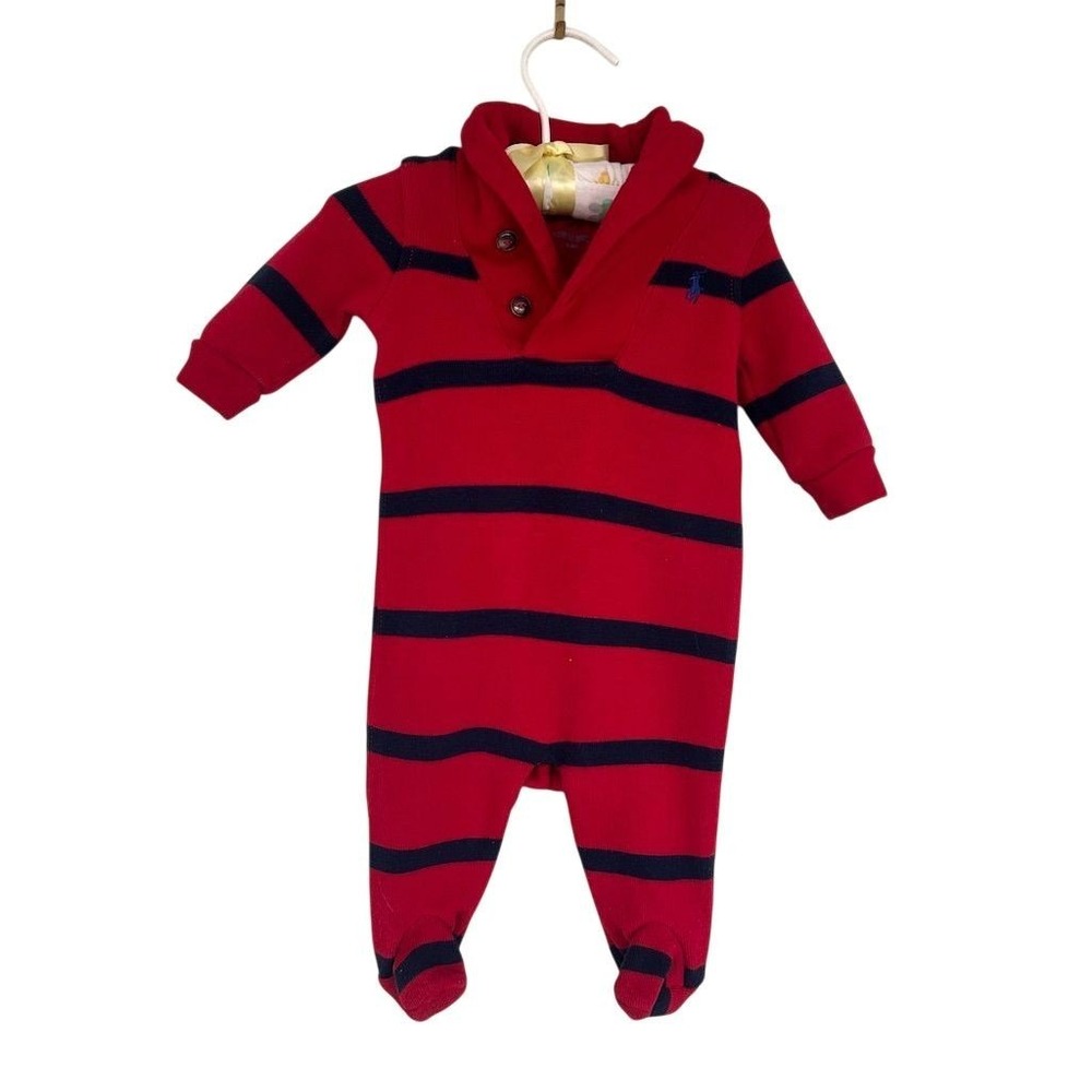 Ralph Lauren Baby Red Navy Striped Footed Pajama Onesie Collar Logo 3M 60 - Picture 2 of 8